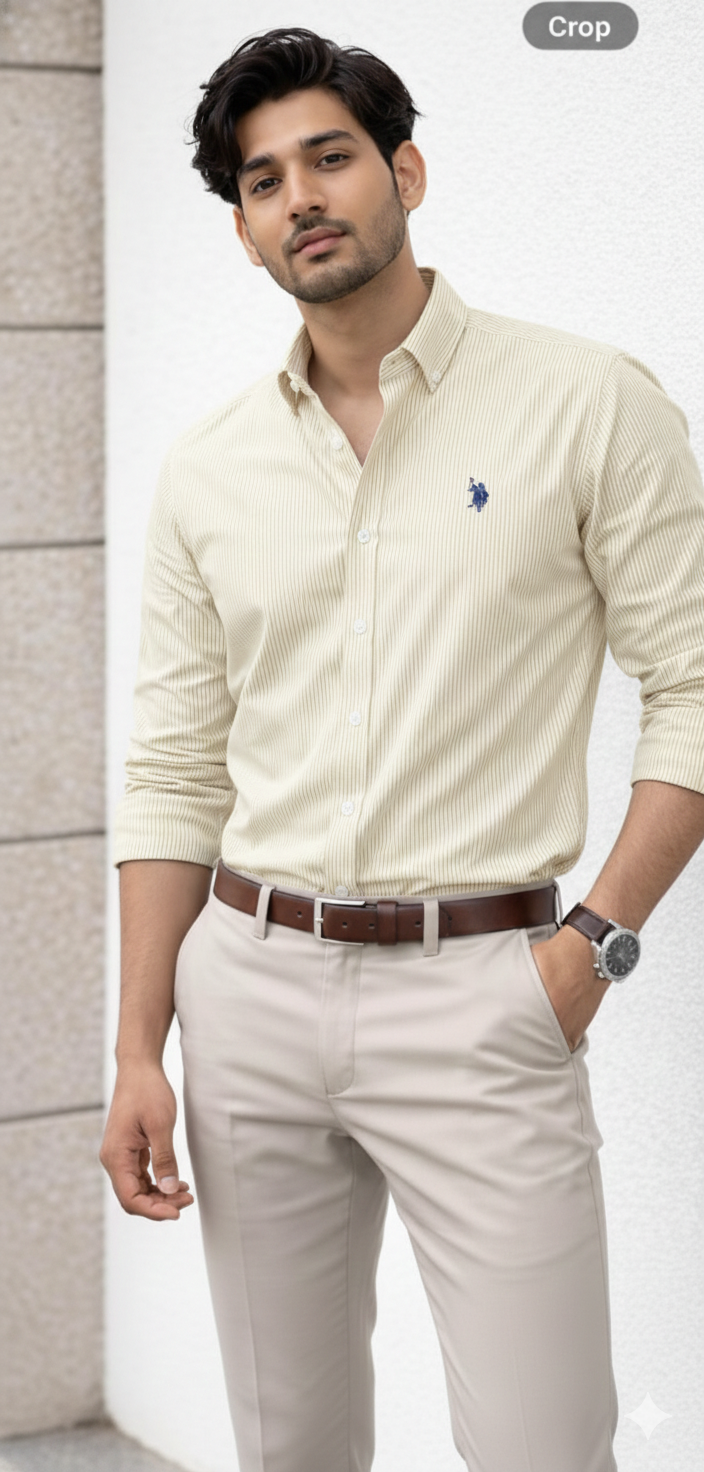 US Polo Men’s beige Colour Striped Cotton Shirt