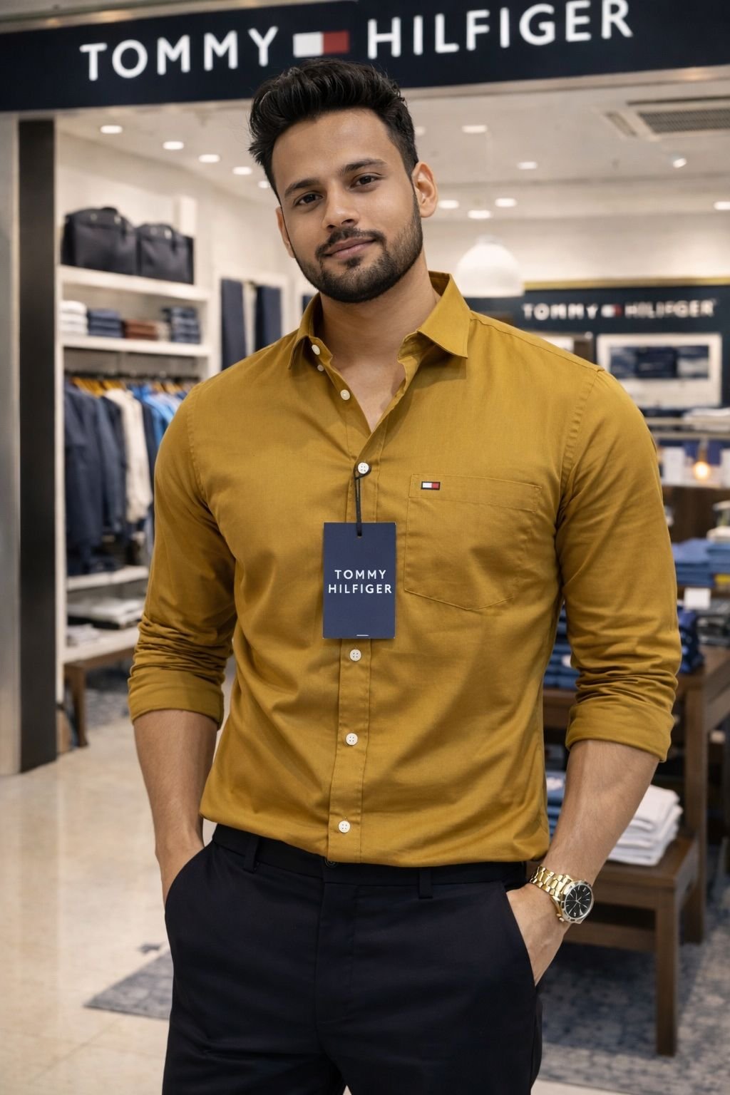 Tommy Hilfiger Men’s Mustard Yellow Solid Cotton Shirt | Slim Fit | Premium Shirt - Image 2