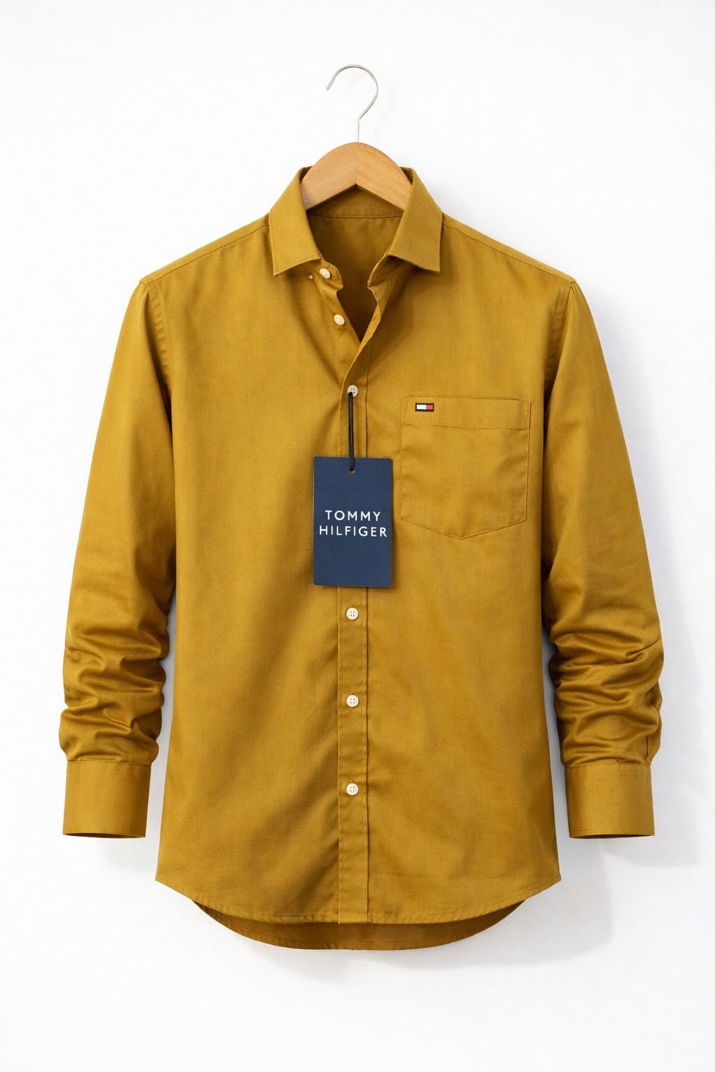 Tommy Hilfiger Men’s Mustard Yellow Solid Cotton Shirt | Slim Fit | Premium Shirt - Image 3