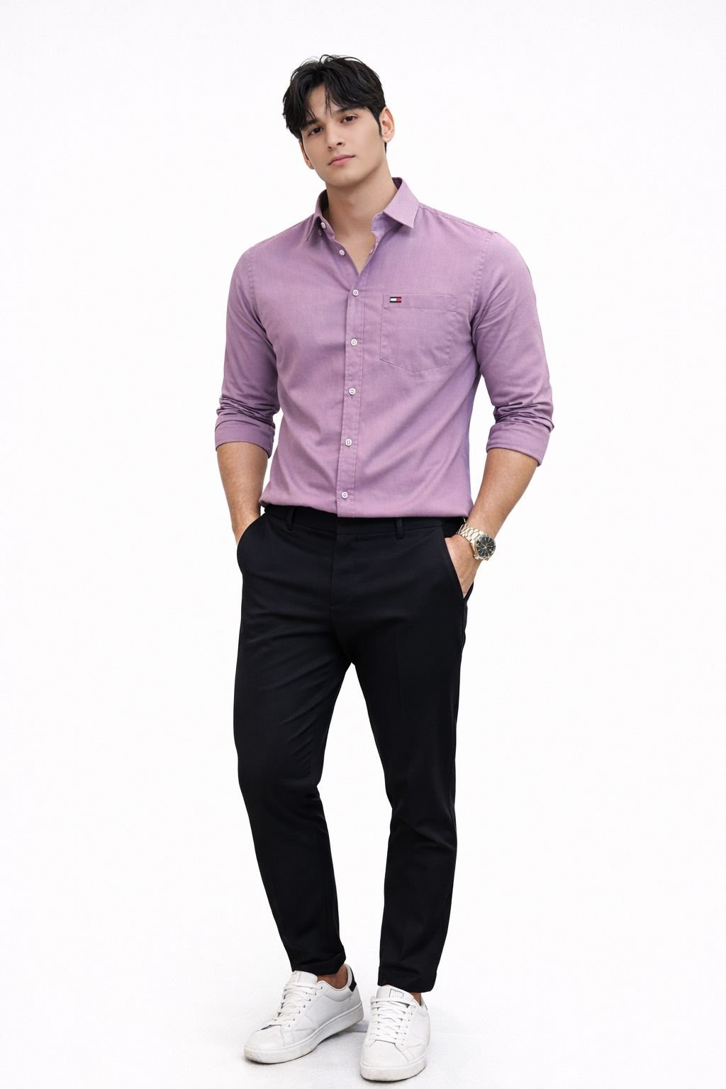 Tommy Hilfiger Men’s Light Lavender Solid Cotton Shirt | Slim Fit | Premium Shirt - Image 3