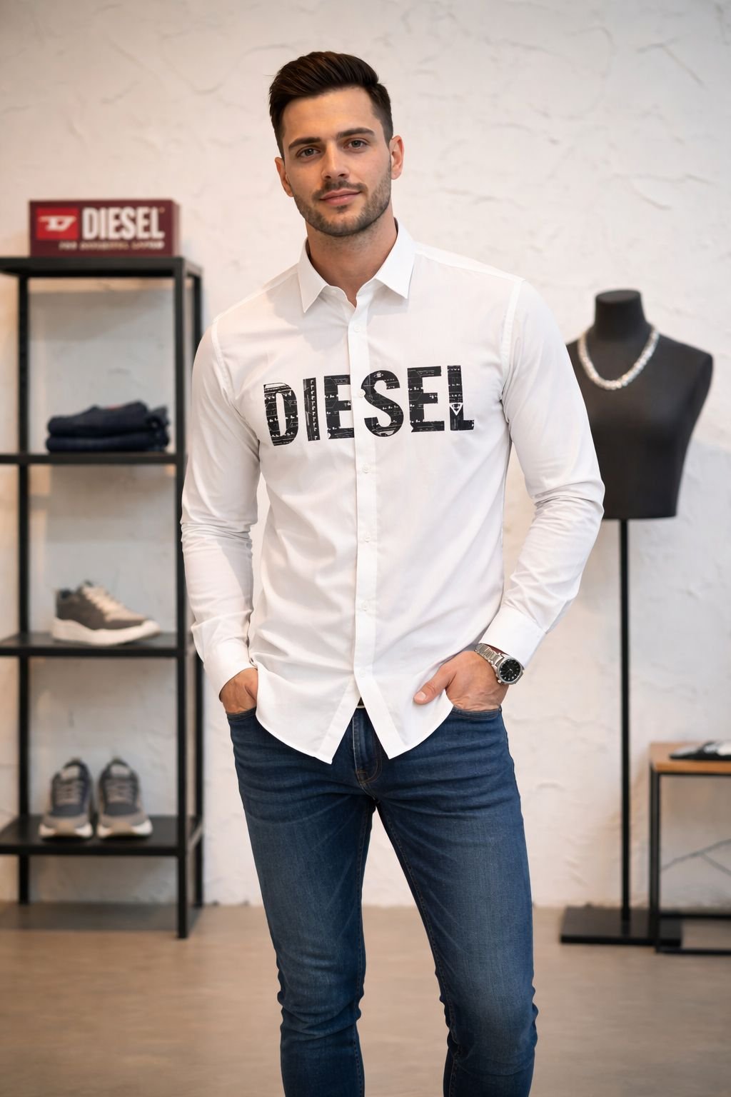 Diesel Urban Bold White Printed Statement Shirt for Men