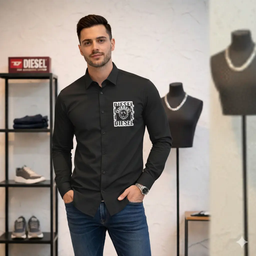 Premium DIESEL Men's Luxury Black Cotton Casual Shirt